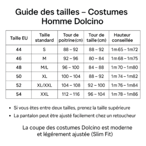 Guide des tailles costume homme Dolcino – correspondance tailles EU, poitrine, taille et hauteur conseillée