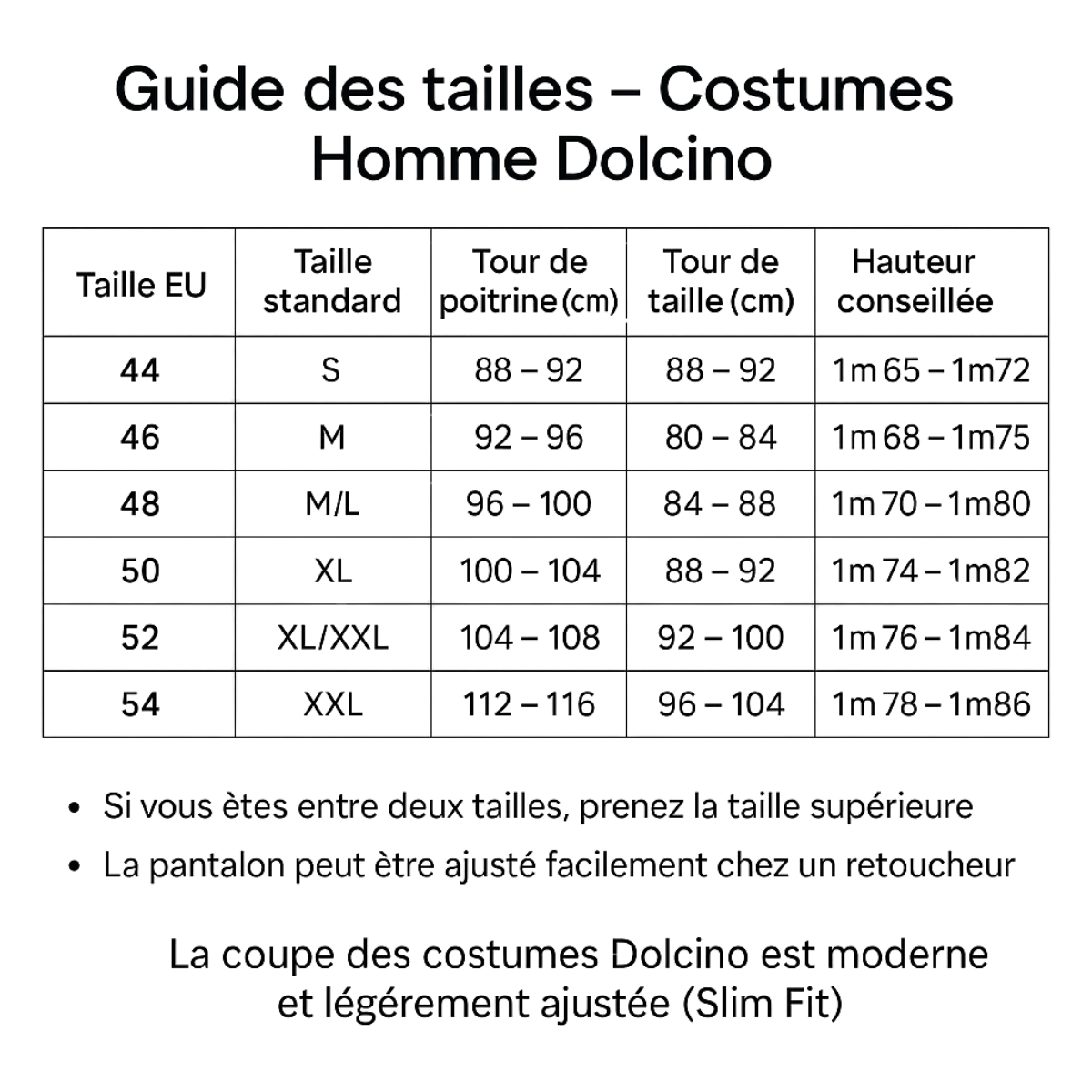 guide-tailles-costume-homme-dolcino-001 Guide des tailles costume homme Dolcino – correspondance tailles EU, poitrine, taille et hauteur conseillée