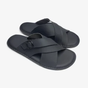 Paire de sandales homme noires en cuir avec fermeture à boucle