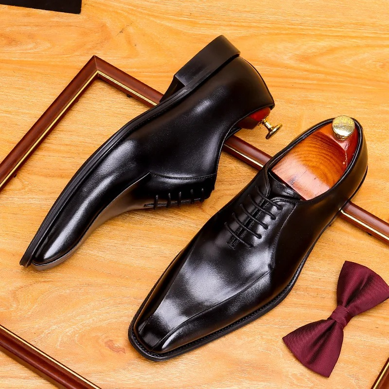 Chaussures élégantes homme en cuir véritable noir avec lacets